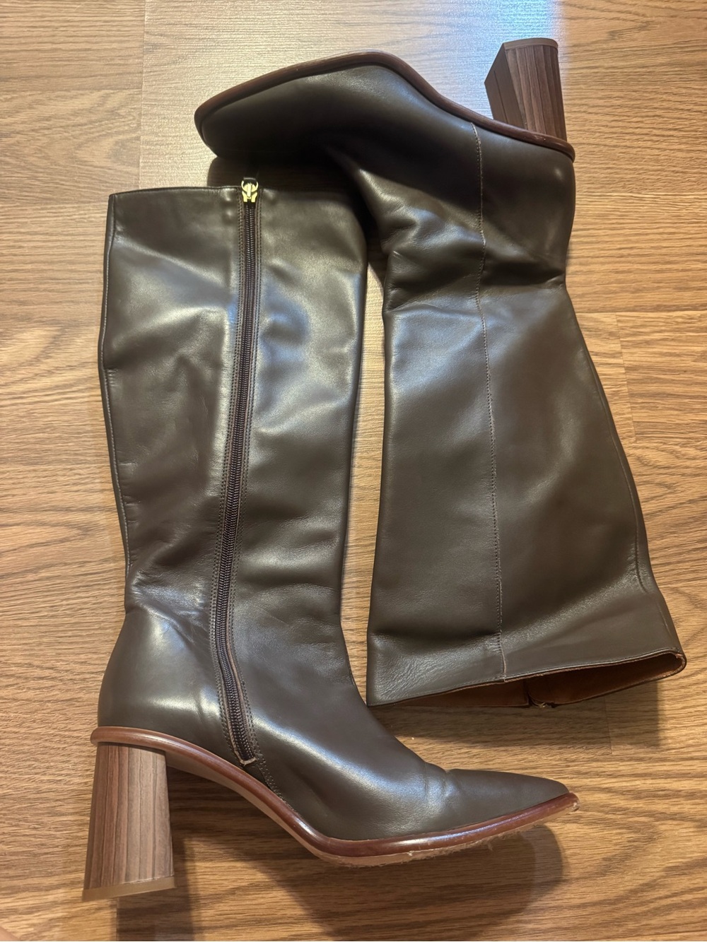 ALOHAS Dark Brown Leather Mid-Calf Block Heel Boots (PLS READ DESCRIPTION)